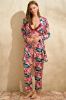 Kadın Saten Çiçek Baskılı Sabahlık Balensiz Desteksiz Dolgusuz Dantelli Bralet Sütyen ve Pantolon Pijama 3'lü Takım