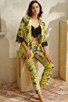 Kadın Viskon Çiçek Baskılı Dantelli Sabahlık Büstiyer Sütyen ve Pantolon Pijama 3'lü Takım