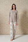 Kadın Düğme Detaylı Çiçek İşlemeli Alt Kısmı Çiçek Desenli Uzun Kollu Pijama Takımı