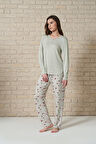 Kadın Düğme Detaylı  Alt Kısmı Çiçek Desenli Uzun Kollu Pijama Takımı