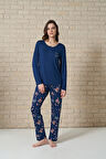 Kadın Düğme Detaylı Alt Kısmı Yaprak Desenli Uzun Kollu Pijama Takımı