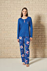Kadın Düğme Detaylı Alt Kısmı Çiçek Desenli Uzun Kollu Pijama Takımı