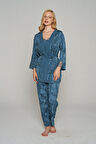 Kadın İnce Askılı Dantel İşlemeli 3'lü Sabahlıklı Pijama Takımı