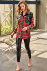 Kadın Pamuklu Ekose Çıtçıtlı Uzun Kol Cepli Gömlek ve Deri Görünümlü Tayt Takım
