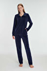 Kadın Lacivert Pamuklu Fermuarlı Sweatshirt Pantolon Pijama Takımı