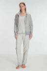 Kadın Gri Çizgi Desenli Hırkalı 3'lü Pijama Takımı