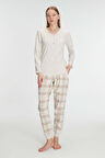 Kadın Bej Uzun Kollu Alt Kısmı Ekose Desenli Düğme Detaylı Pijama Takımı