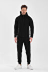 Erkek Double Face Kapüşonlu Fermuar Kapamalı Cepli Lastikli Paça Siyah Eşofman Takımı - 7763
