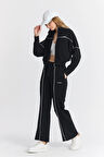 Kadın Modal Düşük Kol Rahat Crop Fermuarlı Geniş Paça Siyah Eşofman Takımı - 7807