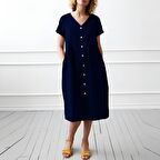 Barbora Keten Günlük Yazlık V yaka Kısa Kol Düğme Detaylı Kadın Elbise LN278lacivert10