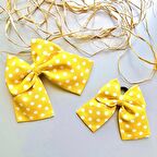 Sarı Renk Beyaz Puantiyeli Klipsli ve Lastikli Fiyonk Anne Bebek Saç Tokası