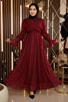 Taş Detaylı Simli Şifon Abiye Bordo 19113