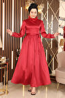 Tüy Detaylı Saten Abiye Kırmızı 19123