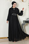 İnci Detaylı Drapeli Simli Abiye Siyah 19189