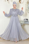 İnci Detaylı Drapeli Simli Abiye Gri 19189