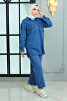 Düğmeli Taş Detaylı Kot Takım Mavi 19285