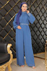Taş Detaylı Şifon Tulum Abiye Mavi MSW19153-2