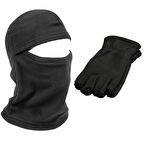 Unisex Siyah Parmaksız Kesik Yarım Parmak Kışlık Termal Polar Eldiven - Polar Kar Maskesi 2'li Set