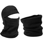 Unisex Siyah Kışlık Termal Polar Kar Maskesi - Şapka Bere Olabilen Ipli Polar Boyunluk 2'li Set