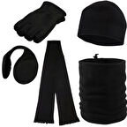 Unisex Siyah Kışlık Polar Parmaksız Eldiven - Polar Bere - Polar Boyunluk - Kulaklık - Atkı 5li Set