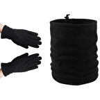 Kadın Siyah Kışlık Termal Polar Eldiven - Şapka Bere Olabilen Ipli Polar Boyunluk 2'li Set