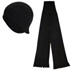 Unisex Siyah Kışlık Termal Kulaklıklı Polar Bere - Polar Atkı 2'li Set