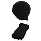 Unisex Siyah Parmaksız Kesik Yarım Parmak Kışlık Polar Eldiven - Polar Kulaklıklı Bere 2'li Set
