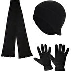 Erkek Siyah Kışlık Polar Eldiven - Polar Kulaklıklı Bere - Polar Atkı - Polar Boyunluk 4'lü Set