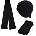 Erkek Siyah Kışlık Termal Parmaksız Kesik Polar Eldiven - Polar Kulaklıklı Bere - Polar Atkı 3lü Set