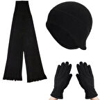 Kadın Siyah Kışlık Termal Polar Eldiven - Polar Kulaklıklı Bere - Polar Atkı 3'lü Kışlık Set Takım