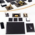 Opta 10 Parça Aslan Biblolu Siyah Deri Sümen Seti Takımı Gold Kalem Ofis Masa İsimliği Lüks İsimlik