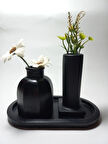 Tabaklı Dekoratif İkili Vazo Set Siyah