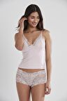 Kadın Dantelli Penye Atlet Külot / Kaşkorse Set - 332 Pudra