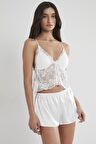 Kadın Saten Dantelli Pijama Şort Takım - 450 Ekru