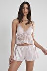 Kadın Saten Dantelli Pijama Şort Takım - 450 Pudra
