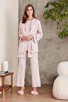2800 Kadın Pudra Dantelli Penye 3'lü Sabahlıklı Pijama Takım