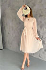 Dipmoda kadın bej midi boy astarlı şifon elbise DPKKLF2027