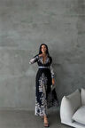 Dipmoda kadın siyah atlas kumaş desenli elbise DPMS42131