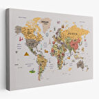 Harita Sepeti Dünya Haritası Çok Detaylı Ünlü Yerler Sembollü Kanvas Tablo 1748