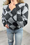 Explode - Kadın Gri-Siyah Baklava Desenli Bisiklet Yaka Oversize Triko Kazak