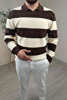Explode - Erkek Ekru - Kahve Şerit Desenli Polo Yaka Oversize Triko Kazak