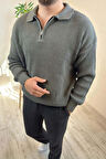 Erkek Gri Fermuarlı Polo Yaka Oversize Triko Kazak