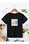 Ünisex Rahat Kalıp Pamuklu Baskılı Siyah Çocuk T-shirt