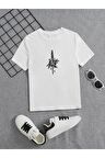 Ünisex Rahat Kalıp Pamuklu Baskılı Beyaz Çocuk T-shirt