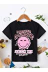 Ünisex Rahat Kalıp Pamuklu Baskılı Siyah Çocuk T-shirt