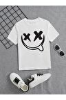 Ünisex Rahat Kalıp Pamuklu Baskılı Beyaz Çocuk T-shirt