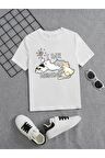 Ünisex Rahat Kalıp Pamuklu Baskılı Beyaz Çocuk T-shirt
