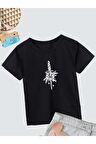 Ünisex Rahat Kalıp Pamuklu Baskılı Siyah Çocuk T-shirt