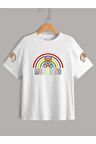 Çocuk Oversize Unisex Gökkuşağı Moschıno Pamuklu Bisiklet Yaka Tişört