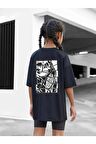 Çocuk Oversize Unisex Parçalı Iskelet Baskılı Pamuklu Bisiklet Yaka Tişört